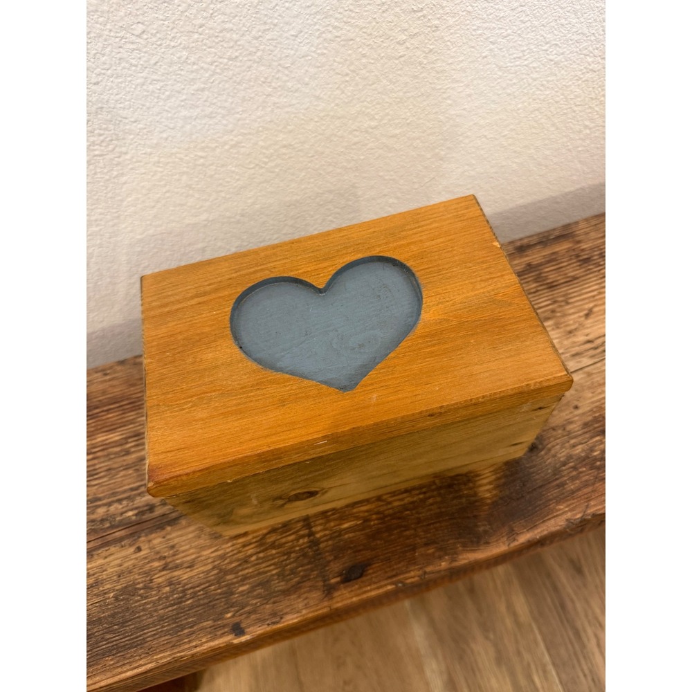 Vintage Rustic Wooden Recipe Box with Heart Cutout and Recipe Cards Honey Brown